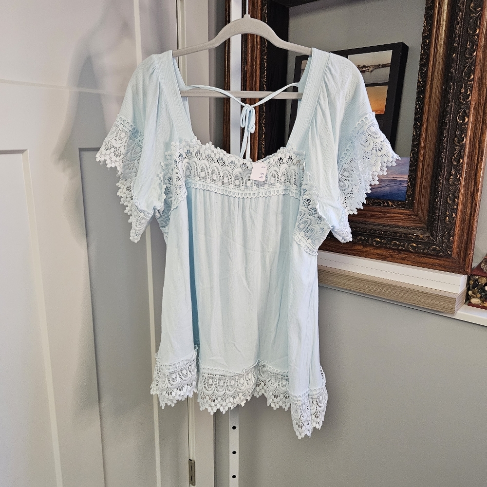 Light Blue Lace Trim Peasant Blouse - Women